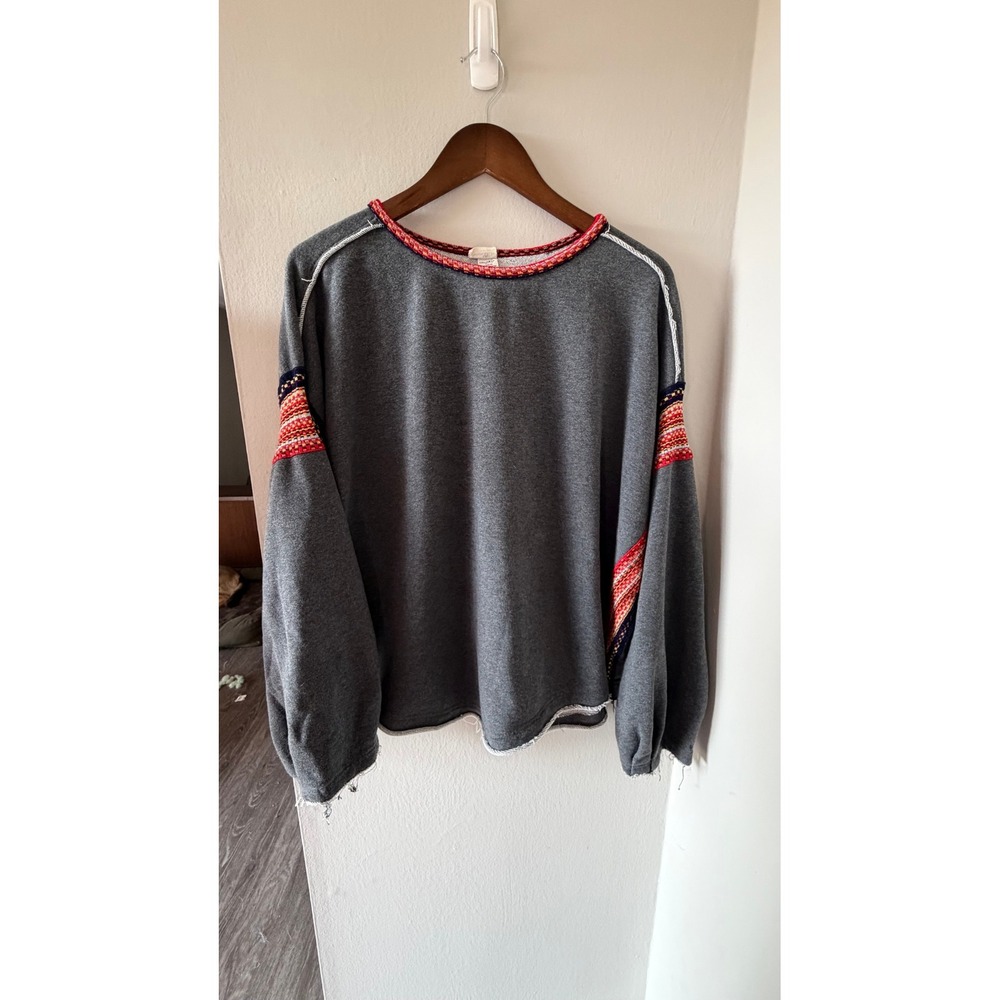 Natural Life Knit Trim Sweatshirt L/XL Charcoal Gray Boho Oversized Raw Edge